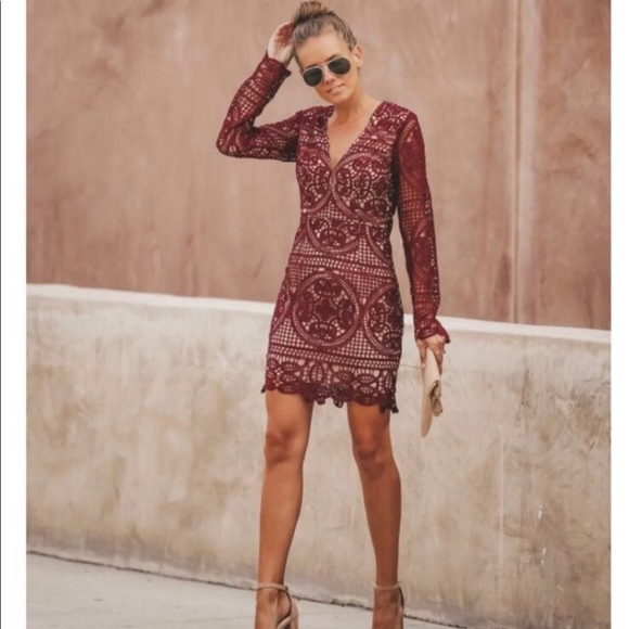 New Vici burgundy red wine long sleeve crochet lace cocktail mini dress size S - Picture 4 of 10